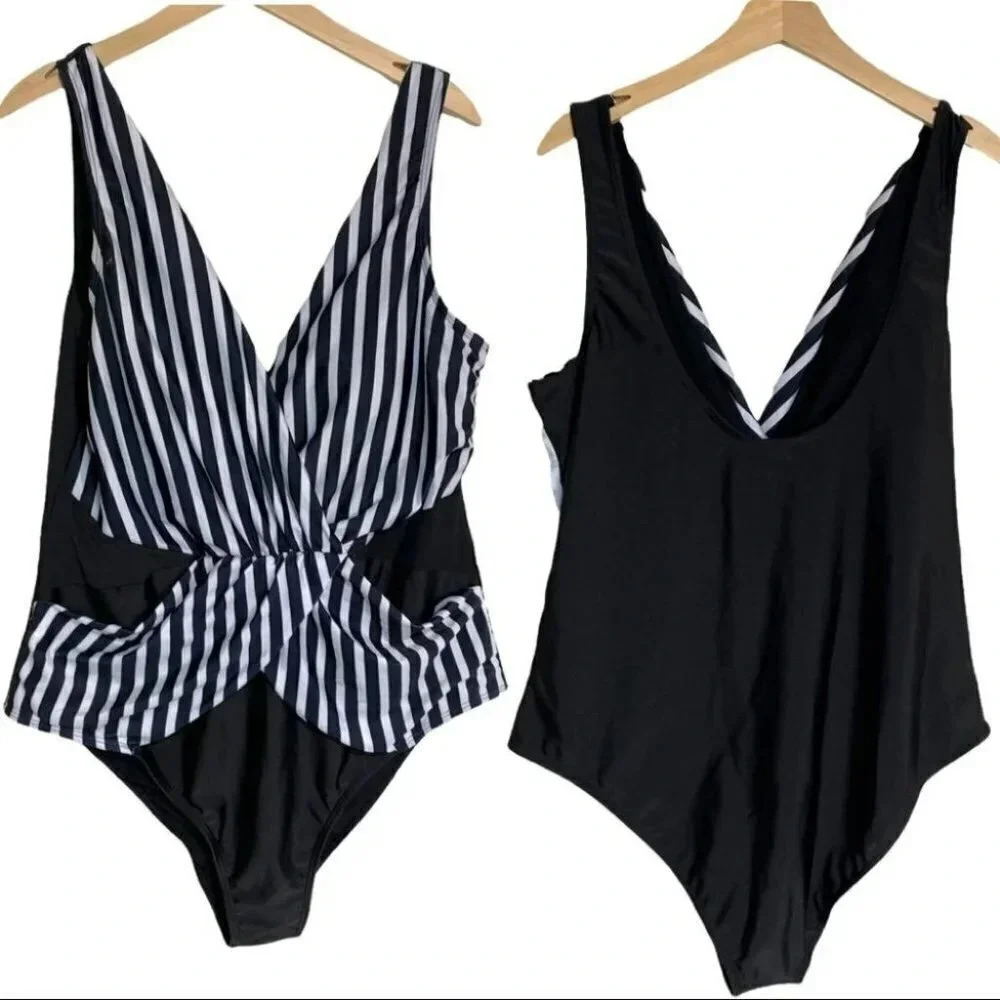 SHEIN One Piece Swimsuit 3XL Black White Striped Mesh Wrap Front Plus Size